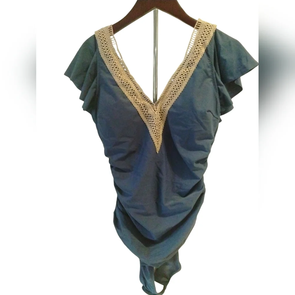 Tummy Control Bathing Suit Slimming‎ Ruffle  One Piece Lace blue SZ M NWOT